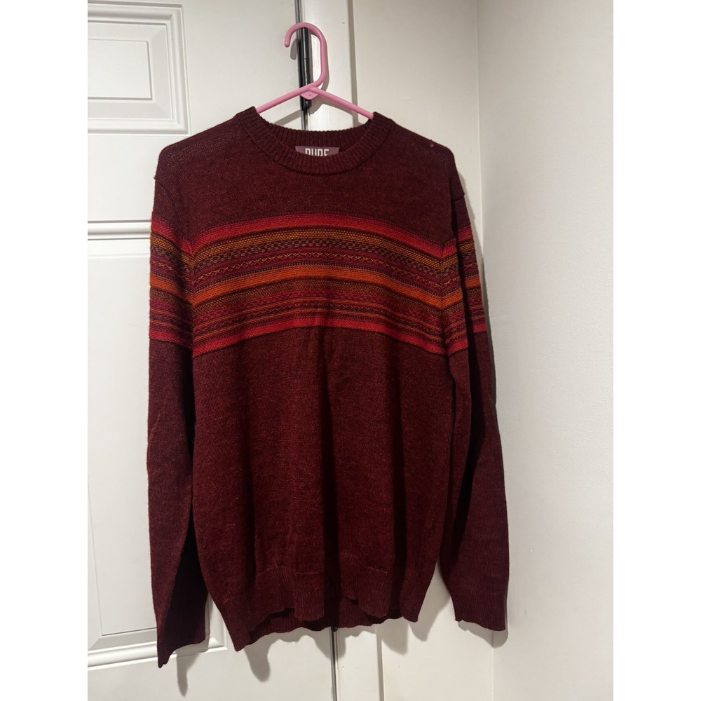 Pure Alpaca Men's Sweater Burgundy Red Striped Sz M FLAWS Crewneck